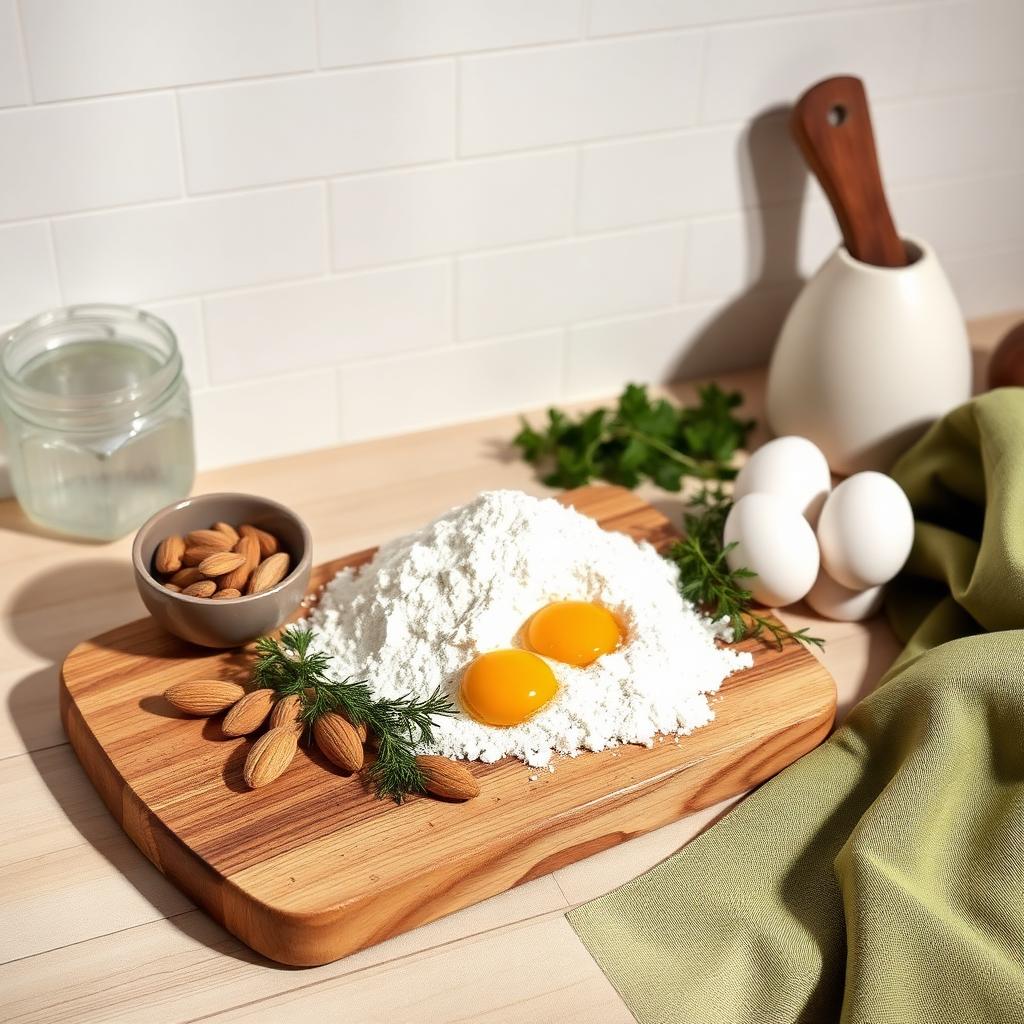 Ingredientes frescos sem glúten sobre tábua de madeira
